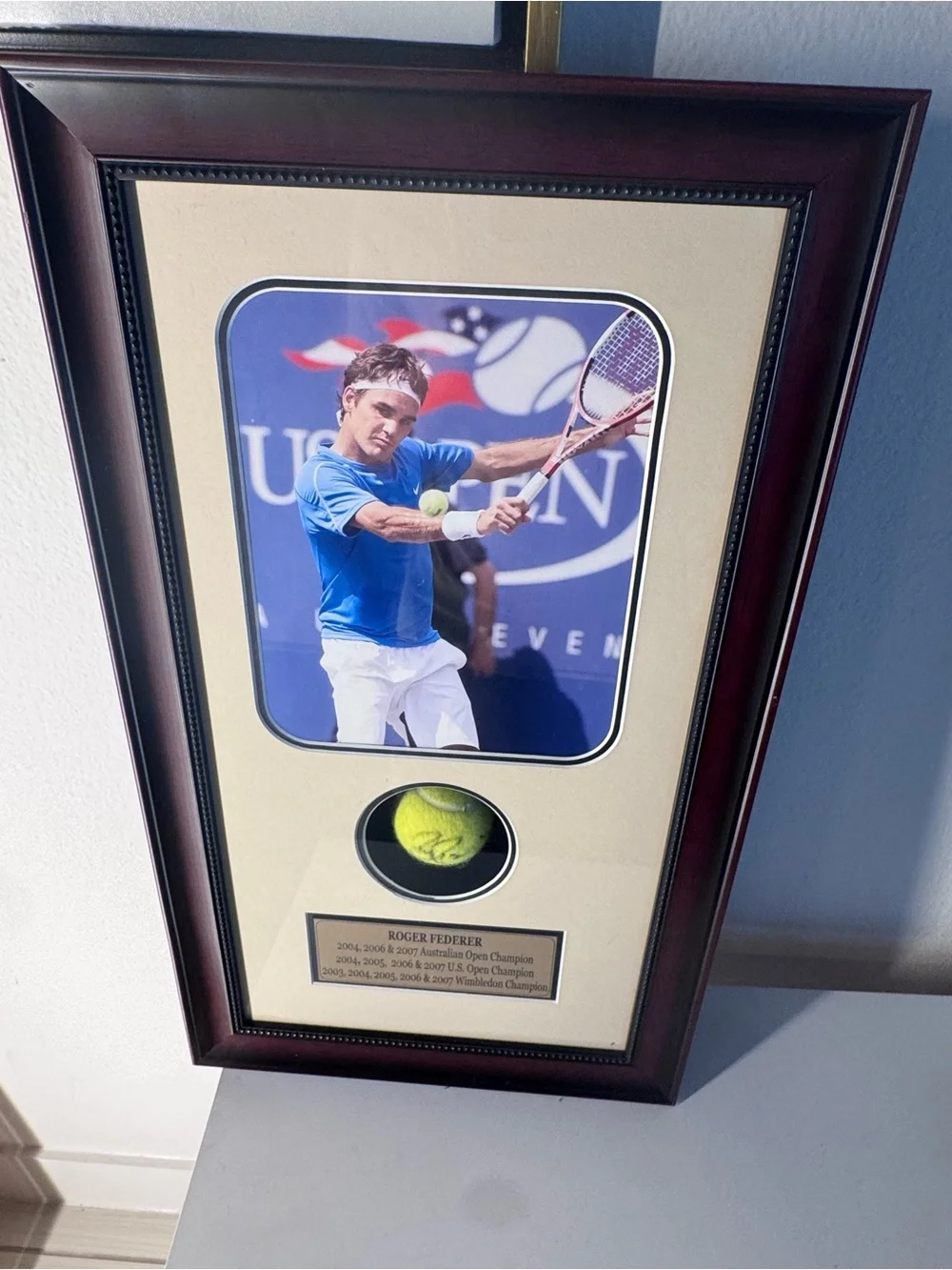 Roger Federer Signed Tennis Ball Framed US Open Photo Ace COA 14x25